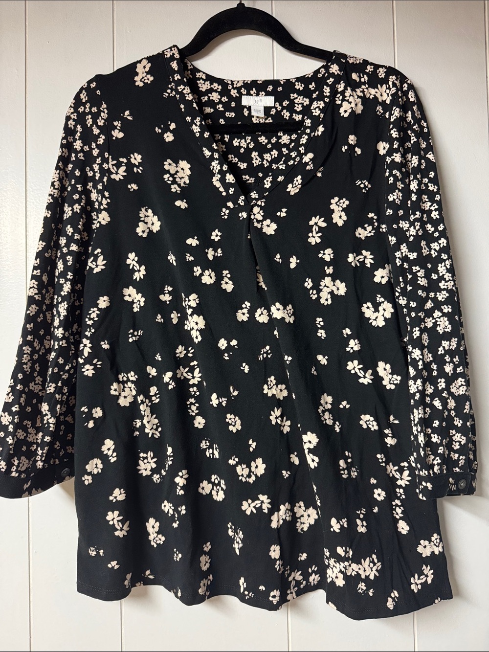 J. Jill Black Floral Split-Neck Blouse with Cream Print